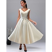 abordables Robes-ancien Années 1950 Midi Robe de cocktail Robe trapèze Petite Robe Blanche Mariée Couleur Unie Ligne A Col en V Femmes Carnaval Mascarade Mariage Douche nuptiale Enterrement de Vie de Jeune Fille