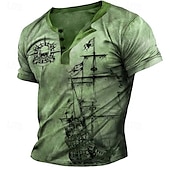 ieftine Vintage&amp;amp;Retro-Bărbați Grafic Navă Cranii Cămașă Henley Tricou Raglan Manșon scurt Tipărire 3D Modă Designer Comfortabil În aer liber Zilnic Vară Albastru piscină Roșu Mov Maro Trifoi Henley Tricou Henley