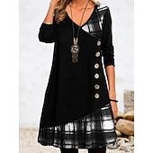 cheap Stripe&amp;Geometric Dress-Women&#039;s Mini Dress A Line Dress Casual Daily Regular Fit Plaid Long Sleeve V Neck Black Red Green Gray Fall Winter