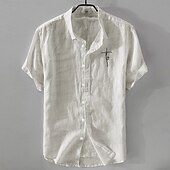 cheap Business Casual-Men&#039;s Linen Shirt Casual Shirt Cotton Linen Shirt Button Up Shirt Pattern Vacation Street White Dark Navy Sky Blue Khaki Short Sleeve Lapel Summer Clothing Apparel Button-Down