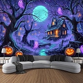 cheap Halloween Wall Tapestries-Halloween Blacklight Tapestry Haunted House UV Reactive Glow in the Dark Forest Trippy Mountain Misty Graveyard Ghost Hanging Tapestry Wall Art Mural for Living Room Bedroom