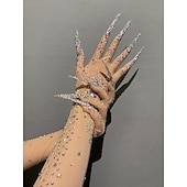 preiswerte Damenkostüme-Glitzernde Handschuhe mit Strasssteinen für Damen, lang, glitzernd, Netzstoff, durchsichtig, Ellenbogenlänge, Opernhandschuhe mit Nägeln, hautfarben, Einheitsgröße