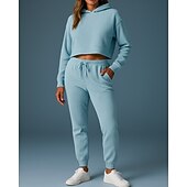 abordables Survêtements-Femmes Ensemble Survetement Jogging Pantalon Sweat-shirt à enfiler Cordon de serrage À capuche Couleur Unie Ensemble Vêtements Printemps Gris foncé Noir Salle de sport Extérieur Course Taille haute