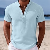 preiswerte Urlaub-Herren Hemd Leinenhemd Stehkragenhemd Popover-Hemd Sommerhemd Strandbekleidung Einfach Urlaub Lässig Schwarz Weiß Gelb Rosa Kurzarm Stehkragen Sommer Bekleidung