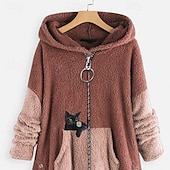 abordables Sudaderas forradas de forro polar-Mujer Chaqueta con capucha Mantiene abrigado Cómodo Retazos Cremallera Casual Gato Exterior Vacaciones Cremallera Largo Con Capucha Ajuste regular Manga Larga Ropa de calle Negro Rojo Verde Ejército
