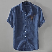 ieftine Business Casual-Bărbați Cămașă de in Cămașă casual Cămașă din bumbac și in Camașă cu nasturi Model cu animale Vacanță Purtare Zilnică Alb Albastru Marin Închis Albastru celest Kaki Manșon scurt Rever Toate Sezoanele