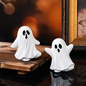baratos Figurines e Ornamentos-Estátua de Resina de Fantasma Fofo de Halloween Decoração de Mesa de Fantasma Fofo de Robe Branco Ornamento Assustador de Resina de Halloween para Casa
