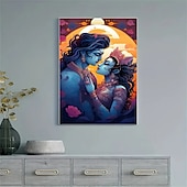 halpa Abstrakti-tulosteet-1 kehyksetön moderni hindujumala-aiheinen canvas-taideteos - eloisa seinäkoriste Krishnan ja Radan rakkaustarinasta, sopii olohuoneisiin, makuuhuoneisiin, ruokailutiloihin, täyteläiset sinisen ja