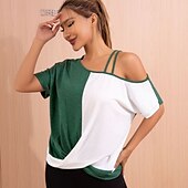 baratos Tops de Arte e Design Femininos-Camiseta feminina de manga curta estilo europeu-americano mais vendida - blusa de ombro assimétrico com blocos de cores / blusa de ombro com painéis com blocos de cores