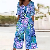 abordables combinaison de vacances-Femmes Normal Combinaison Streetwear Fleuri Manche Courte Jambe large Col en V Avec Poches Imprimé Rue Quotidien Coupe régulière Bleu Été