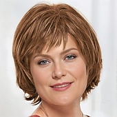 preiswerte ältere Perücke-Meg Whisperlite Perücke, moderner mehrlagiger, seitlich gefegter Bob-Schnitt, gerader Stil mit gefiederten Enden / 30 mehrfarbige Schattierungen von Blond, Grau, Braun und Rot