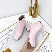 baratos Botas de tornozelo-Botas femininas de couro envernizado amarelo com salto grosso e forro de lã, botas curtas da moda brilhantes para uso casual, festas e saídas à noite