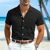 economico Vacanza-Per uomo Camicia bianca di cotone Camicia Estiva Camicia casual Camicia in cotone e lino Camicia con colletto cubano Semplice Vacanza Casuale Nero Giallo Blu marino Verde Manica Corta Collo Camp