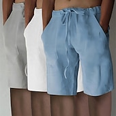 cheap Classic-Men&#039;s Shorts Linen Shorts Summer Shorts Beach Shorts Elastic Waist Drawstring Front Pocket Plain Comfort Soft Knee Length Casual Daily Vacation Fashion White+Black+Gray black+khaki+blue Inelastic