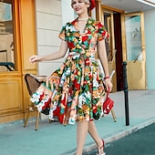 olcso Ruhák-retro vintage 1950-es évek vakációs ruha flare ruha női jelmez vintage cosplay alkalmi mindennapi rövid ujjú ruha maskara