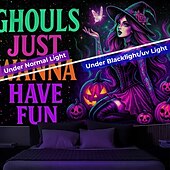 cheap Halloween Wall Tapestries-Halloween Blacklight Tapestry witch UV Reactive Glow in the Dark Forest Trippy Mountain Misty Graveyard Ghost Hanging Tapestry Wall Art Mural for Living Room Bedroom