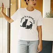 economico Maglietta Animali-Maglietta da donna in 100% cotone con stampa di animali, gatti e lettere, elegante, basic, moderna, a maniche corte, girocollo, regular, per tutti i giorni, sportiva, per uscire, nera e bianca,