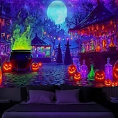 cheap Halloween Garage Door Cover-Halloween Blacklight Tapestry Witch Castle UV Reactive Glow in the Dark Forest Trippy Mountain Misty Graveyard Ghost Hanging Tapestry Wall Art Mural for Living Room Bedroom