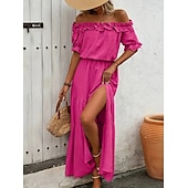 preiswerte Lässige Blumenkleider-Damen Langes Kleid Maxikleid Schwingkleid Sommerkleid Elegant Ausgehen Sommerkleid Normale Passform Einfarbig Kurzarm Schulterfrei Schwarz Rote Rosenrot Aprikose Sommer