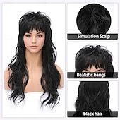 cheap Historical Wigs-80s 90s Retro Black Mullet Wigs Pixie Cut Wigs with Bangs for Women Wolf Cut Wig Middle Part Black Synthetic Heat Resistant Fiber Costumes Cosplay Hair Wig for Daily Party Use