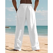cheap Holiday-Men&#039;s Linen Pants Trousers Summer Pants Beach Pants Pocket Elastic Waist Drawstring Plain Comfort Breathable Vacation Daily Holiday Hawaiian Boho Dark Khaki Black