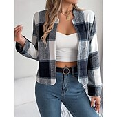 Χαμηλού Κόστους 3D Παλτά-Γυναικεία Casual Jacket Άνετο Αναπνέει Στάμπα Καθημερινό Καρό Διακοπές Δρόμος Καθημερινά Ρούχα Εξόδου Ανοικτό Μπροστά Κοντό Όρθιος Γιακάς Κανονικό Μακρυμάνικο Εξωτερικά ενδύματα
