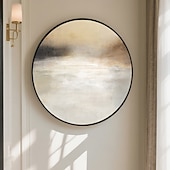 voordelige Abstracte schilderijen-handgemaakte cirkelvormige abstracte olieverfschilderij gouden lijst reflecterende gradiënt kunstwerk grijs wit beige gedempt goud houtskool tinten moderne wanddecoratie luxe huiselijke ambiance klaar