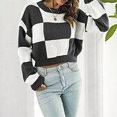 baratos Padrões gráficos e detalhes-Mulheres Pulôver Casual Bloco de cor Robusto Gola Redonda Tricotado Manga Longa Tops curtos Tricotar Diário Feriado Para Noite Preto Roxo Outono Inverno