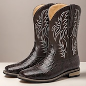 abordables Cowboy et bottes occidentales-Bottes de cowboy western en cuir de vachette noir gaufré pour hommes avec bout pointu et coutures classiques, chaussures élégantes pour les événements country, l&#039;équitation et la mode rodéo