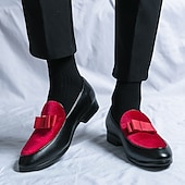 tanie Loafery-męskie mokasyny z czerwonego aksamitu z kokardą – eleganckie, wsuwane buty na przyjęcia, wesela, kolacje i bale maturalne
