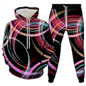 billige Herre 3D Sweatshirt Sett-Herre 3D Geometrisk 2stk 3D-genseresett Joggedress Hettegenser Langermet Lange bukser Med hette Fritid hverdag treningsklær 3D-utskrift Vår Høst Vinter Rødstrupe-egg Blå Rosa Regnbue