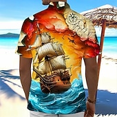 economico Camicia vintage-Camicia nautica da uomo camicia estiva a maniche corte camicia a bottone stile vintage retro abbigliamento da strada estate primavera camicie colletto con stampa 3D arancione