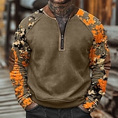cheap Basic Sweatshirts-Men&#039;s Sweatshirt Quarter Zip Sweatshirt White Army Green Orange Brown Brown 2 Half Zip Color Block Camo / Camouflage Half Zip Print Casual Daily Holiday Polyester Vintage Streetwear Casual Fall Winter