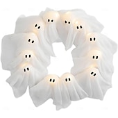 olcso Halloween szabadtéren-halloweeni szellemkoszorú, 12 LED-es világító fehér szellemkoszorú, kísérteties beltéri &amp;kültéri függő dekoráció bejárati ajtóra, falra, partira, elemes halloweeni dekoráció, ünnepi hátborzongató
