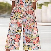 voordelige vakantie jumpsuit-Dames Normaal Jumpsuit Streetwear Bloemig Korte mouw Breed Been V-hals Zak Afdrukken Straat Dagelijks Normale pasvorm Blozend Roze Zomer