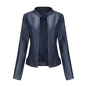 cheap Faux Leather Jackets-Women&#039;s Faux Leather Jacket Comfortable Pocket Full Zip Fashion Street Style Plain Outdoor Casual Daily Regular Stand Collar Regular Fit Long Sleeve Outerwear Black Red Camel Spring Fall