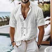 economico Vacanza-Per uomo Camicia di lino Camicia casual Camicia in cotone e lino Camicia con Bottoni Colore Solido / Tinta Unita Vacanza Abbigliamento quotidiano Bianco Verde chiaro Rosa Blu marino scuro Manica Corta