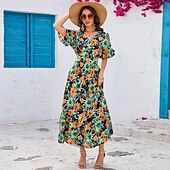 tanie Sukienki kwiatowe-Damskie Sukienka maxi Sukienka letnia Sukienka A line Urlop Codzienny Boho Impreza Wyjściowe Plaża Luźny / a Kwiaty Graficzny Krótki rękaw W serek Kolor Lato Wiosna