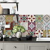 abordables Pegatinas de pared-24 pegatinas de azulejos de estilo marroquí, calcomanías de pared de PVC con película de cristal engrosada, impermeables &amp;Decoración de pared de azulejos retro extraíbles y a prueba de aceite para