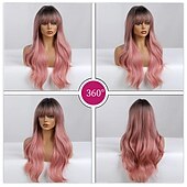 economico Parrucche da festa-Parrucca sintetica da donna, lunga, ondulata, nera, sfumata, rosa con frangia soffice, leggera, per feste in cosplay