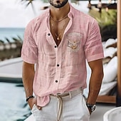 levne Dovolená-Pánské Lněná košile Košile pro volný čas Bavlněná lněná košile Košile na knoflíky Zvířecí vzor Dovolená Denní nošení Černá Bílá Světle zelená Růžová Krátký rukáv Klopa Celý rok Oblečení S přezkou