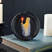 cheap Halloween Hanging &amp; Tabletop Decorations-Halloween Resin Photo Frame Decor, Black and Brown Ghost Holding Candle Design, Round and Square Shapes for Home, Bedroom, Study, and Office Desktop Halloween Photo Display