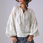 olcso Női Művészet és Dizájn Felsők-Női Ing Virágos Elegáns Csehország Szüret Hosszú ujj Lámpás hüvely V-alakú Crop Tops Napi Szabadság Alkalmi Hímzett Törtfehér hímzett szilvapiros-FEHÉR 2# sárgabarack hímzés világoszöld-sárgabarack