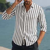voordelige Vakantie-Voor heren Overhemd Linnen overhemd Zomer overhemd Strand Kleding Overhemd met knopen Verticale stroken Vakantie Curise Zwart Blozend Roze Rood blauw Lange mouw Strijkijzer Zomer Lente Kleding