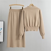 abordables Ensembles chemisiers pour femmes-Femmes Robe Ensemble Robe fourreau Occasionnel Robes semi-formelles Uni Avec Poches Robe Midi manche longue Col de chemise Extérieur Date Noir Kaki Abricot Automne Coupe Ample