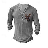 cheap Animal-Men's Henley Shirt Tee Tee Top Long Sleeve Shirt Long Sleeve Henley Summer Fall Pattern Deer Fashion Designer Fashion Vintage Vacation Street Going out Dark Grey Black White Top Tee for Men