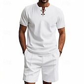 economico T-shirt set da uomo-Per uomo Camicia a nido d&#039;ape Completi T-shirt Outfit 2 pezzi Maglietta e pantaloncini Manica Corta Scollo a V Estate Semplice Moda Casual Allacciato 2 Pezzi Vacanza Abbigliamento quotidiano Uscire