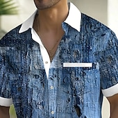 cheap Geometric Pattern-Men&#039;s Distressed Print Denim-like Shirt Summer Shirt Button Up Shirt Short Sleeve Fashion Casual Outdoor Vacation Dailywear Summer Spring Turndown 3D Print Collared Shirts Front One Pocket Blue