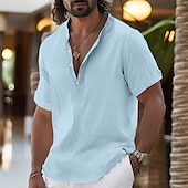 abordables Vacaciones-Hombre Camisa Camisa de lino Camisa con cuello mao Camisa de manga corta Camisa de verano Ropa de playa Plano Vacaciones Casual Negro Blanco Amarillo Rosa Manga Corta Henley Verano Ropa