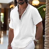 abordables Vacaciones-Hombre Camisa Camisa de lino Camisa con cuello mao Camisa de manga corta Camisa de verano Ropa de playa Plano Vacaciones Casual Negro Blanco Amarillo Rosa Manga Corta Henley Verano Ropa